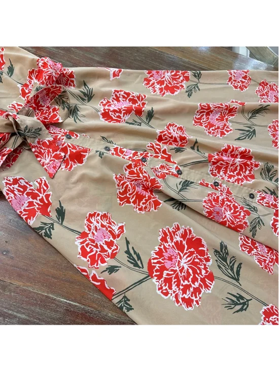 Banana Republic Floral Sleeveless Midi Shirtdress Button Up Tan Coral Pink Sz 2 - Picture 3 of 11